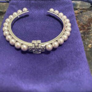 Tory Burch silver tone Britten pearl Embellished cuff bracelet